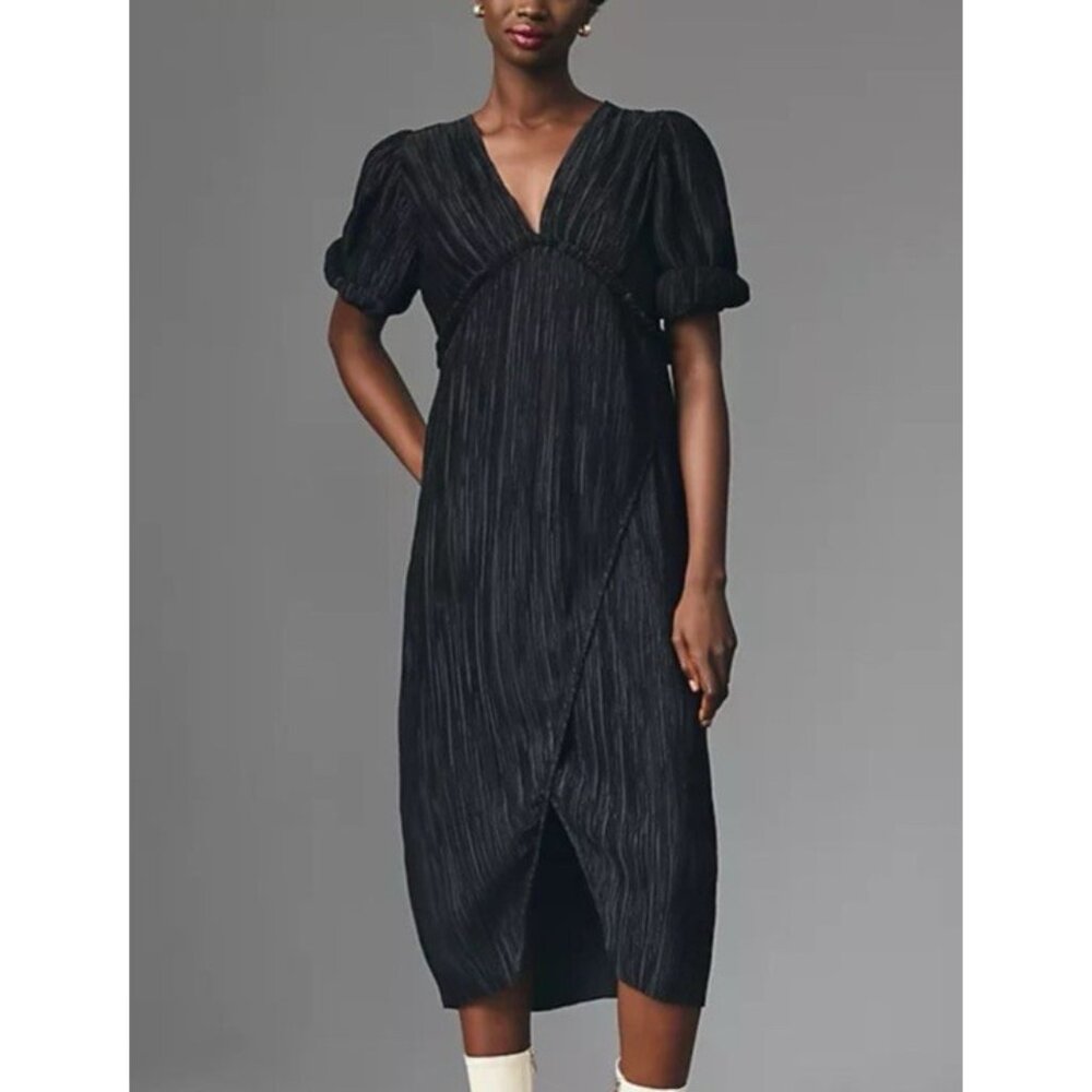 By Anthropologie Midi Dress 3X Black Short Sleeve Stretch Washable NEW